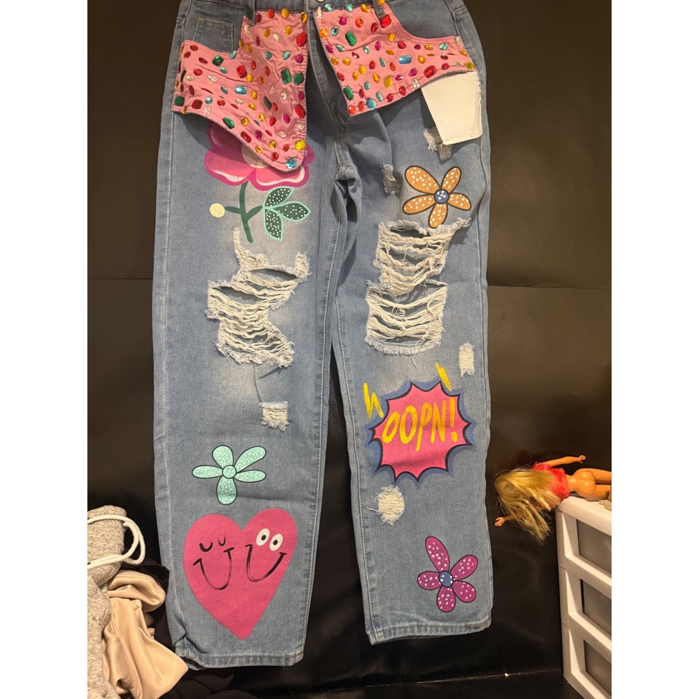 Custom Painted Distressed Gemstone Jeans Light Wash Y2K Graphic Denim XL